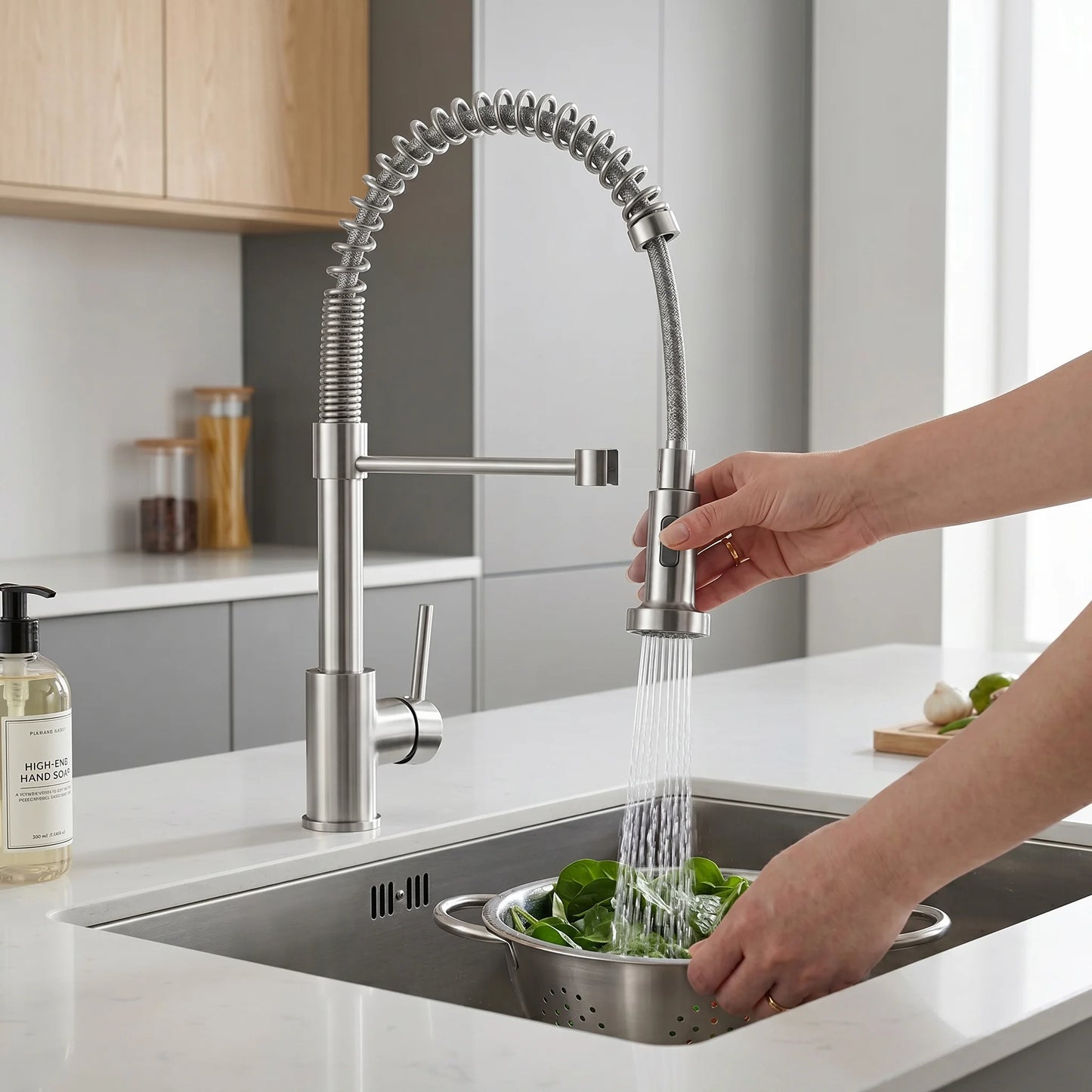 Pull-Down Kitchen Mixer Tap – Brushed Stainless Steel installed in kitchen