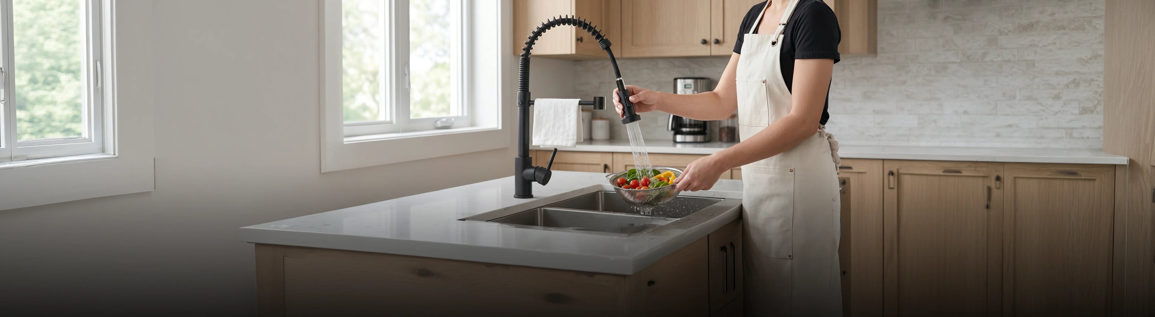 Modern kitchen mixer tap in use