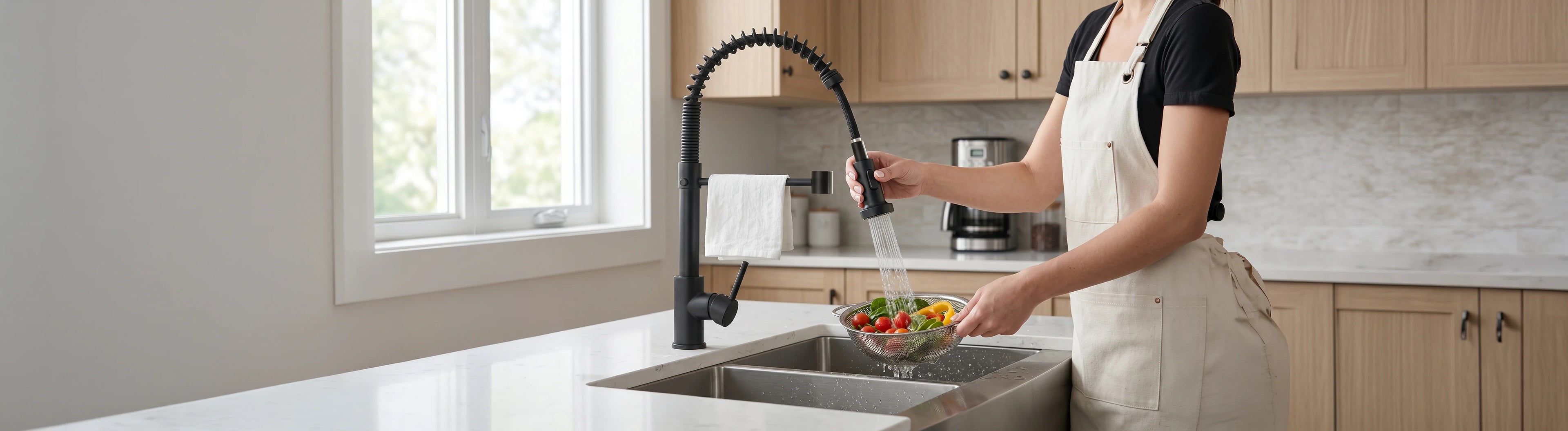 Modern kitchen mixer tap in use