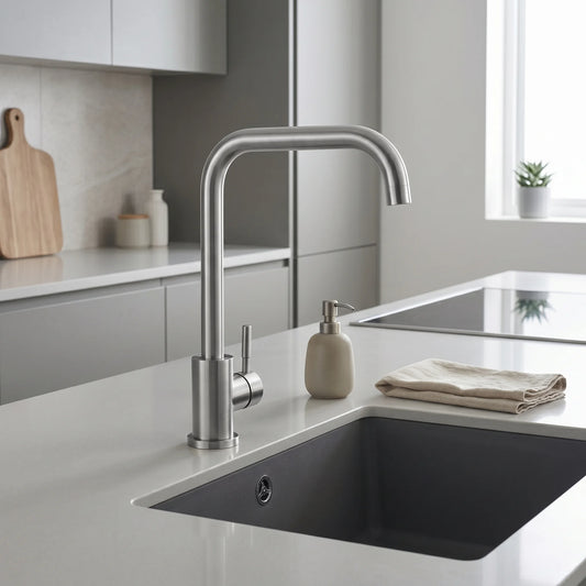 Square-Neck Kitchen Mixer Tap – Brushed Stainless Steel installed in kitchen
