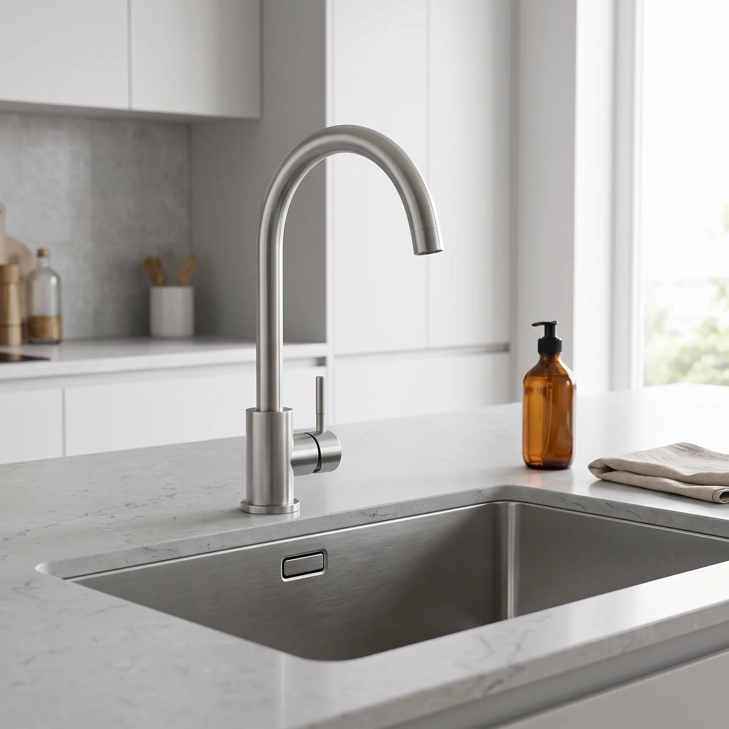 Swan-Neck Kitchen Mixer Tap – Brushed Stainless Steel installed in kitchen