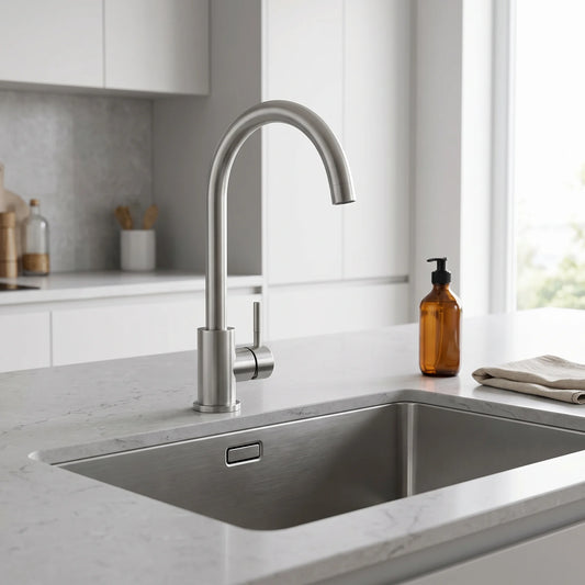 Swan-Neck Kitchen Mixer Tap – Brushed Stainless Steel installed in kitchen