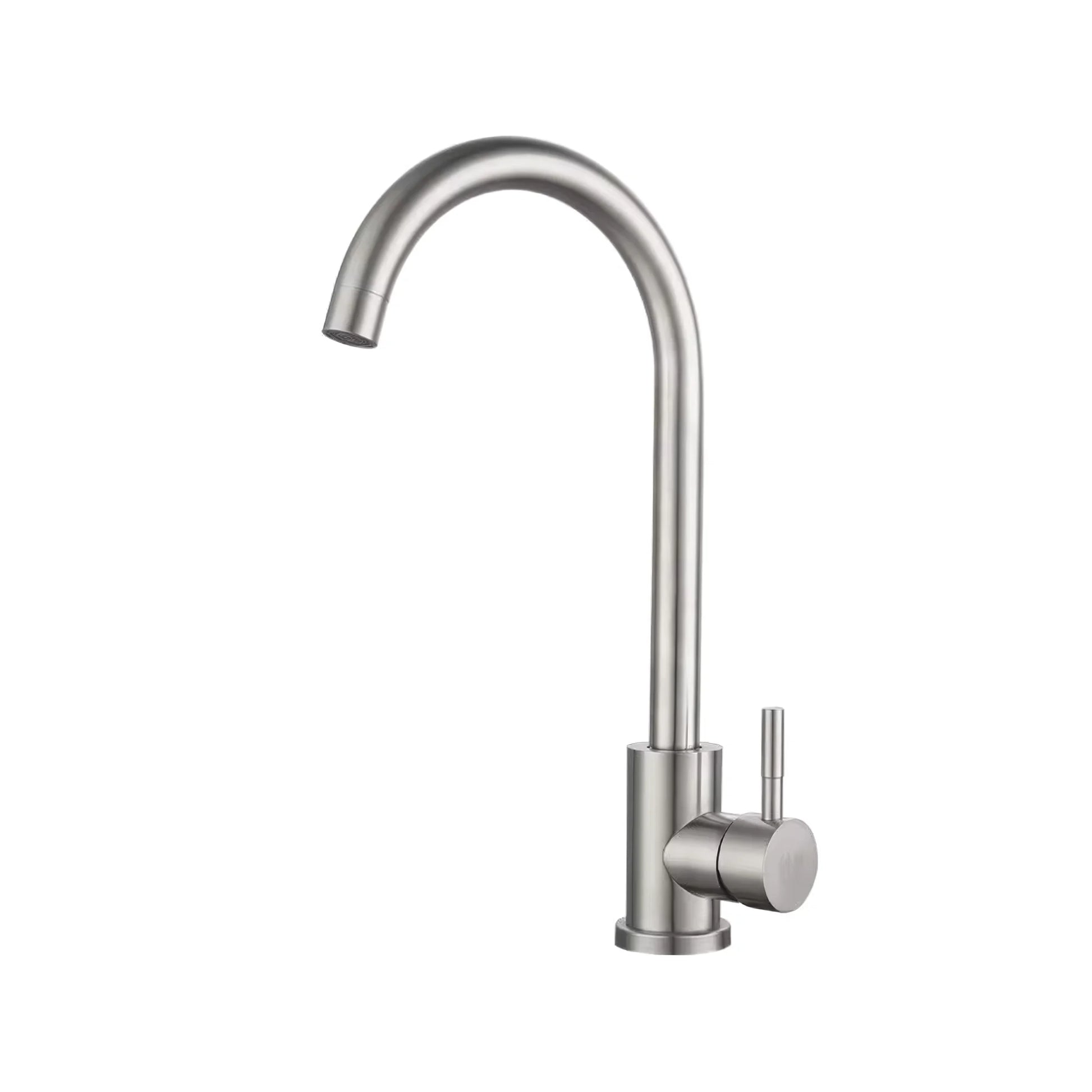 Swan-Neck Kitchen Mixer Tap – Brushed Stainless Steel on white background