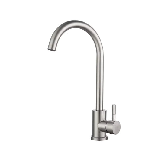 Swan-Neck Kitchen Mixer Tap – Brushed Stainless Steel on white background