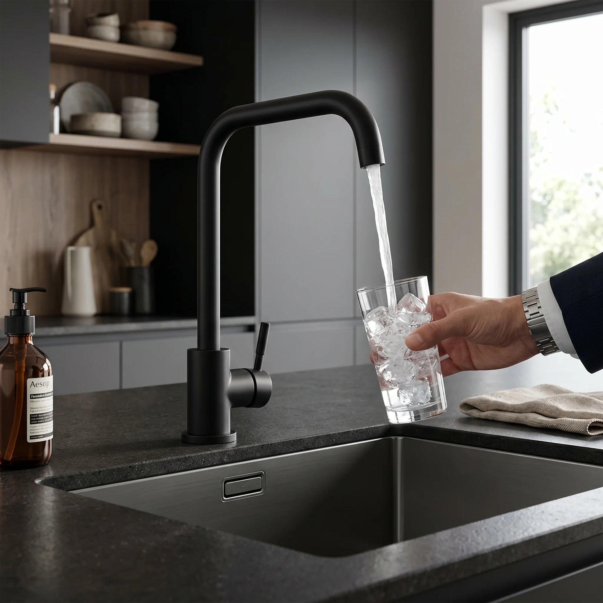 Square-Neck Kitchen Mixer Tap – Matte Black installed in kitchen