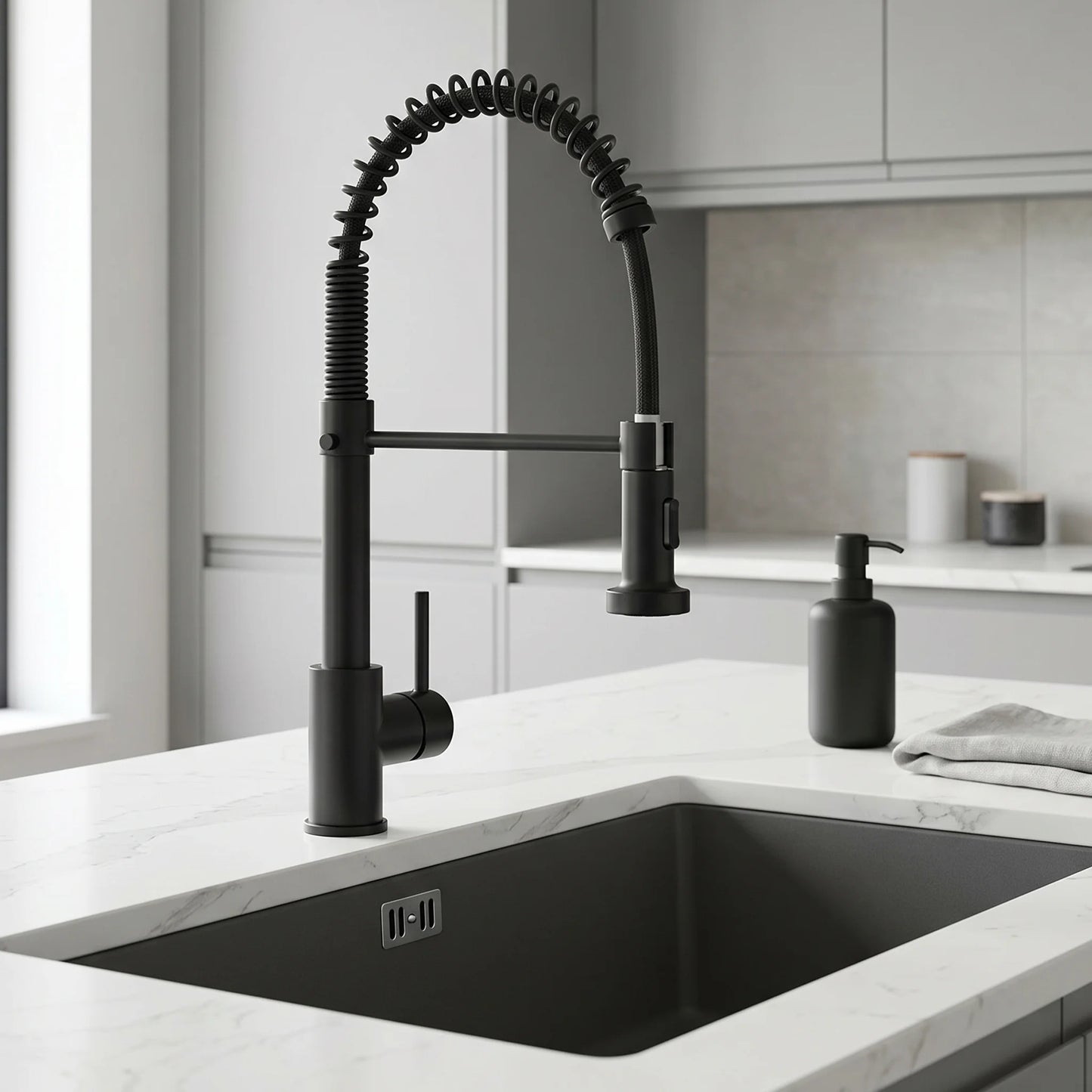 Pull-Down Kitchen Mixer Tap – Matte Black installed in kitchen